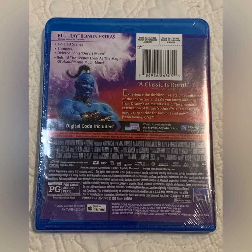 New Sealed Blu•Ray • DVD •Digital Code 2019 live-action Aladdin on Blu-ray, DVD